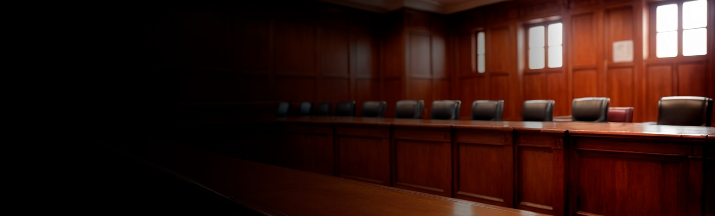 Foto de fundo mostrando Sala de julgamento com paredes e móveis em madeira, iluminada por janelas, com cadeiras alinhadas atrás de uma bancada de juízes.