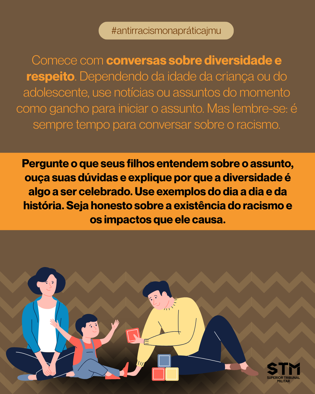 Ilustração de família conversando e brincando com blocos, acompanhada de orientações para iniciar diálogos sobre diversidade e respeito.