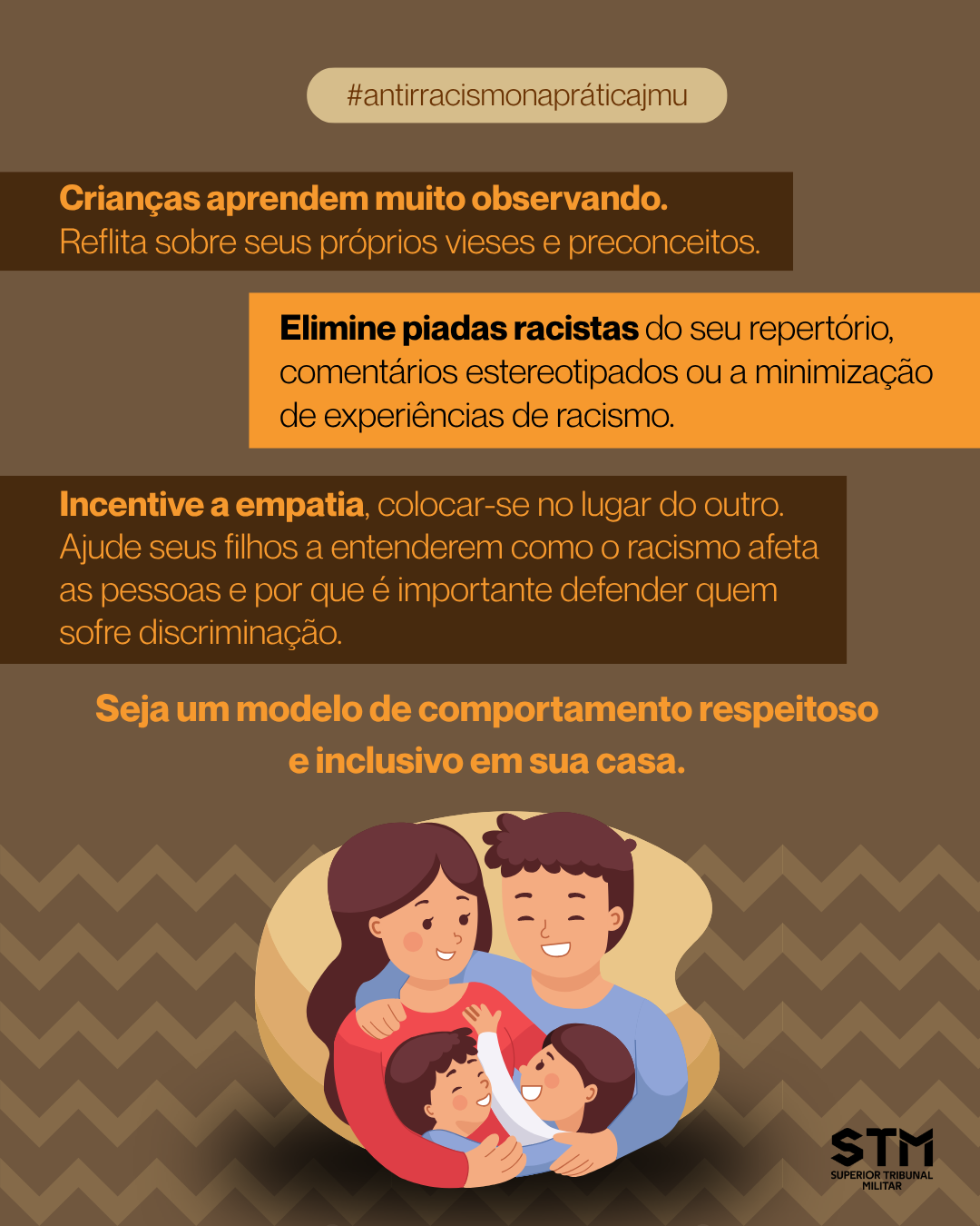 Ilustração de família abraçada, com orientações para eliminar piadas racistas, incentivar empatia e promover respeito em casa.