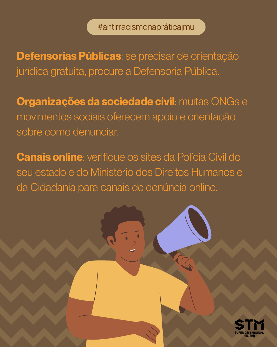 Ilustração de homem com megafone, acompanhada de orientações de onde conseguir apoio e orientação.